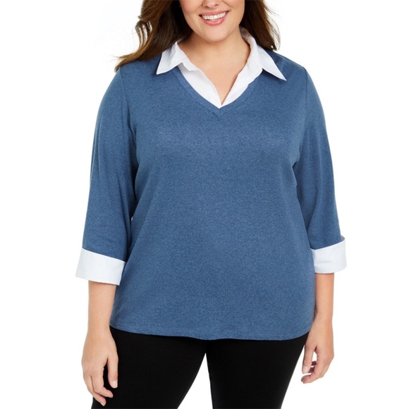 Karen Scott Tops - 1X 3X Blue Heather Layered Look Top Plus Size